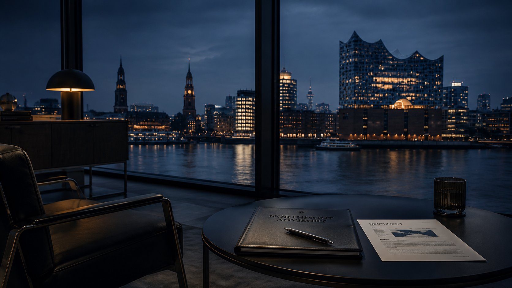 Blick auf die Hamburger Elbphilharmonie aus einem Besprechungsbereich mit Northmont-Advisory-Mappe